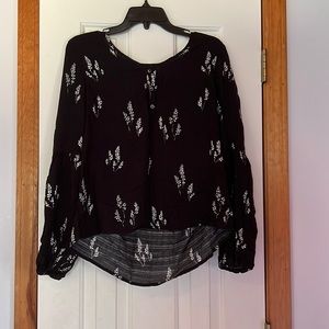 Universal Thread Black Linen Blouse with Floral Pattern